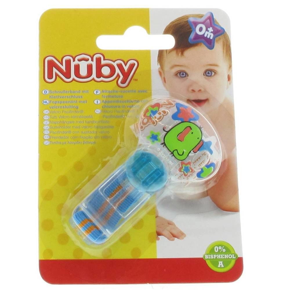 Confezione blister con attacca-ciuccio. Blu e trasparente. Illustrazione bambino e logo. 0% Bisfenolo A.