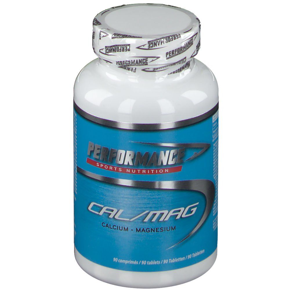 Flacone bianco con etichetta blu. Scritta: PERFORMANCE, Cal/Mag, Calcium - Magnesium. Tappo stampato.
