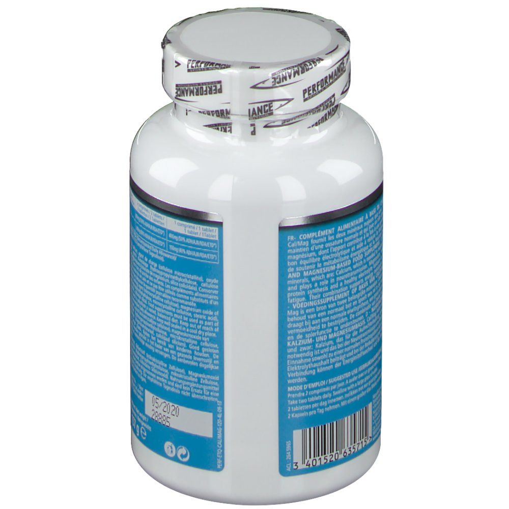 Flacone bianco con etichetta blu. Retro con testo. Scritta: Cal/Mag. Data di scadenza.