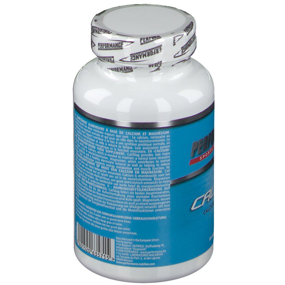 Flacone bianco con etichetta blu. Retro con testo. Scritta: Cal/Mag. Data di scadenza.