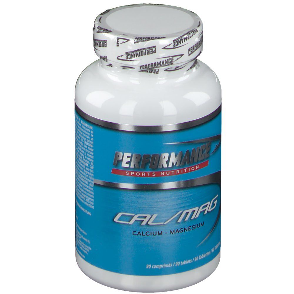 Flacone bianco con etichetta blu. Scritta: PERFORMANCE, Cal/Mag, Calcium - Magnesium. 90 compresse.