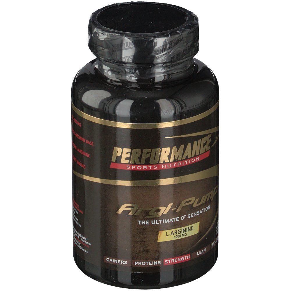 Flacone nero con etichetta dorata. Scritta: Performance, Argi-Pump, L-Arginina 1000 mg.