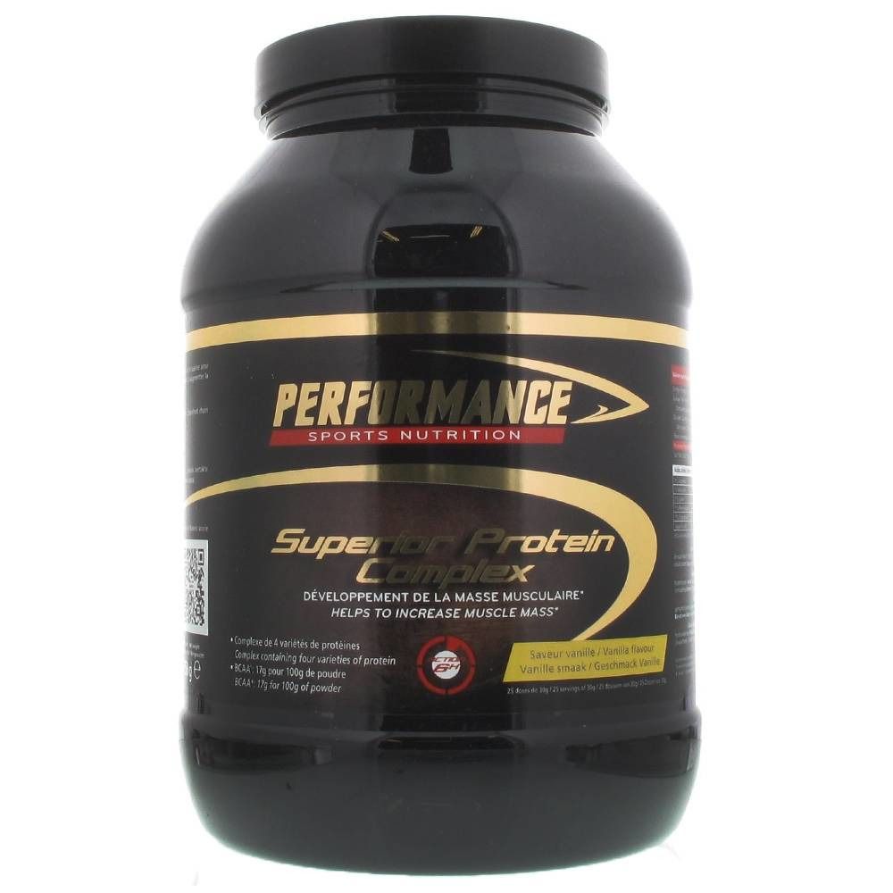 Barattolo nero con scritte dorate. Scritta: PERFORMANCE, Superior Protein Complex. Aiuta ad aumentare la massa muscolare.