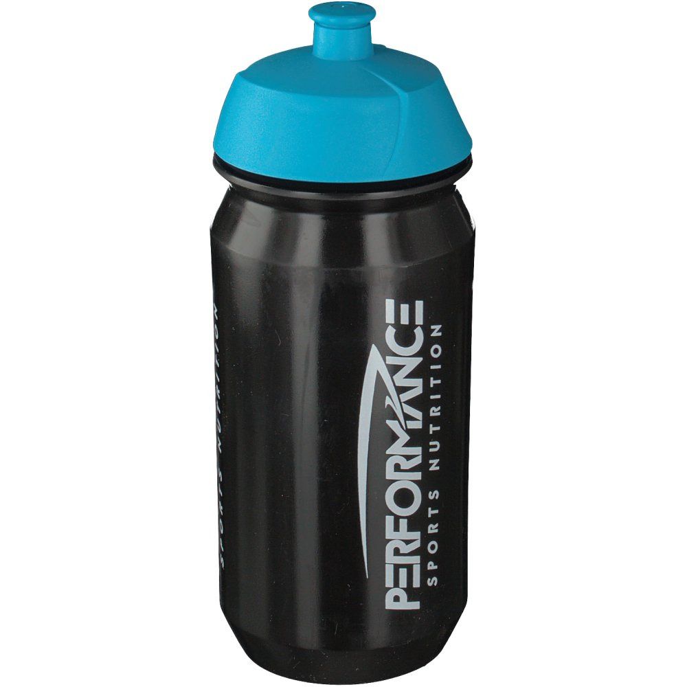 Borraccia nera con tappo blu. Scritta: PERFORMANCE SPORTS NUTRITION.