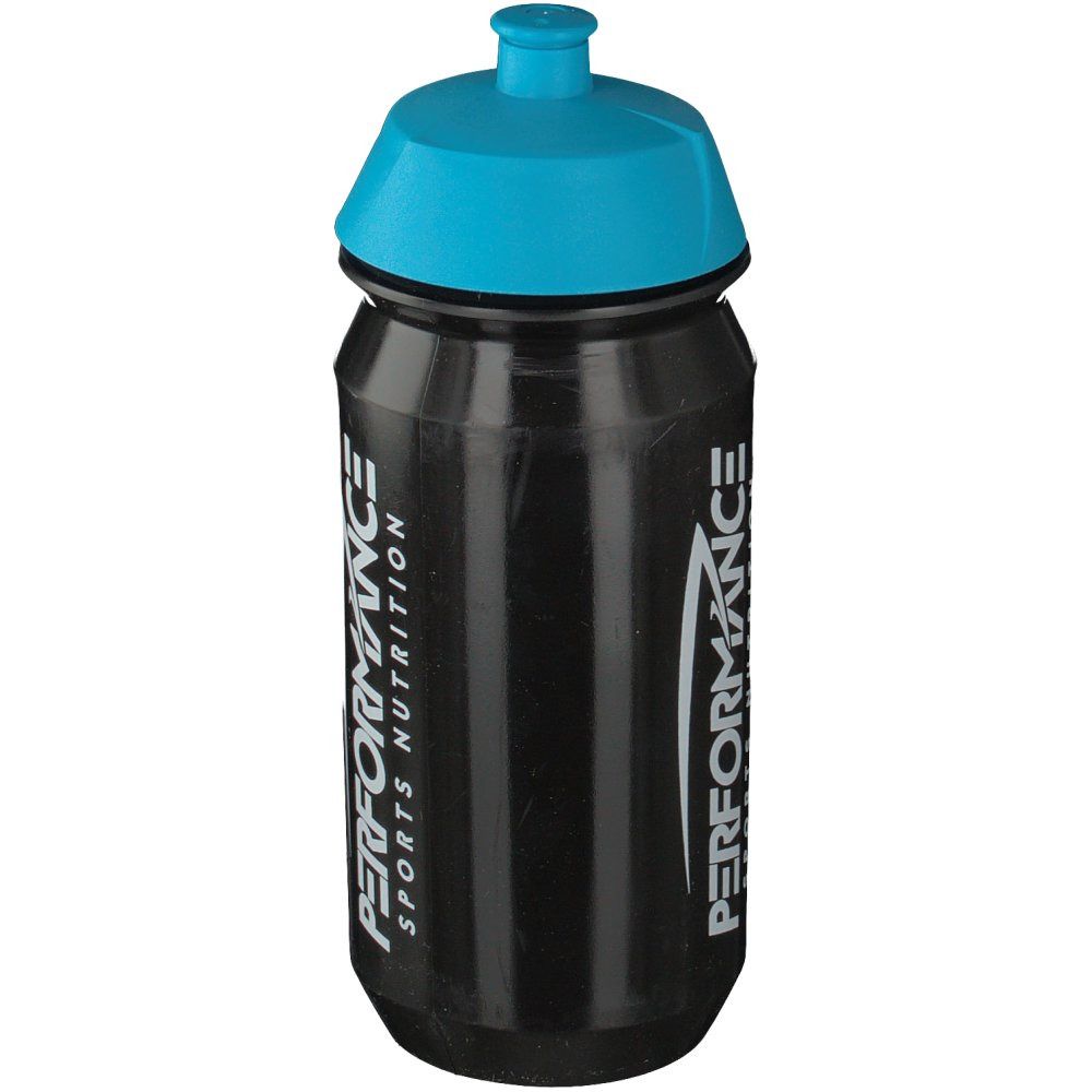 Borraccia nera con tappo blu. Scritta: PERFORMANCE SPORTS NUTRITION.
