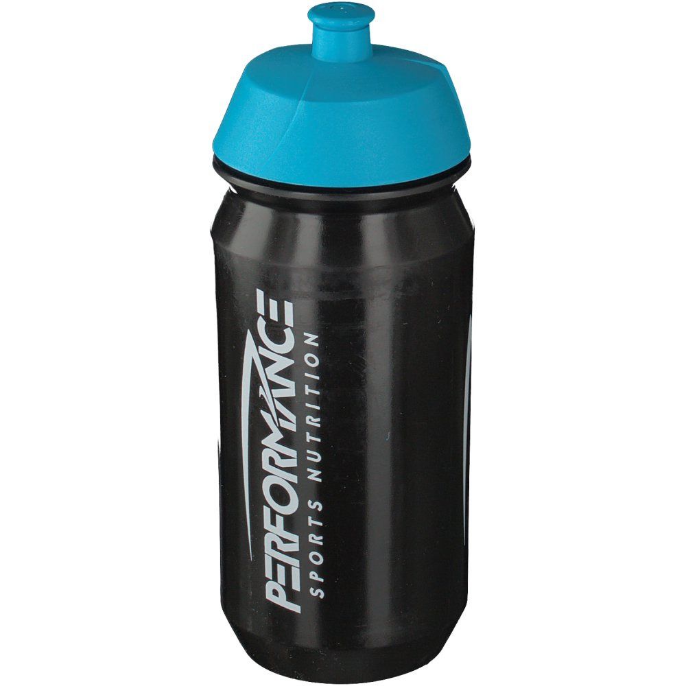 Borraccia nera con tappo blu. Scritta: PERFORMANCE SPORTS NUTRITION.