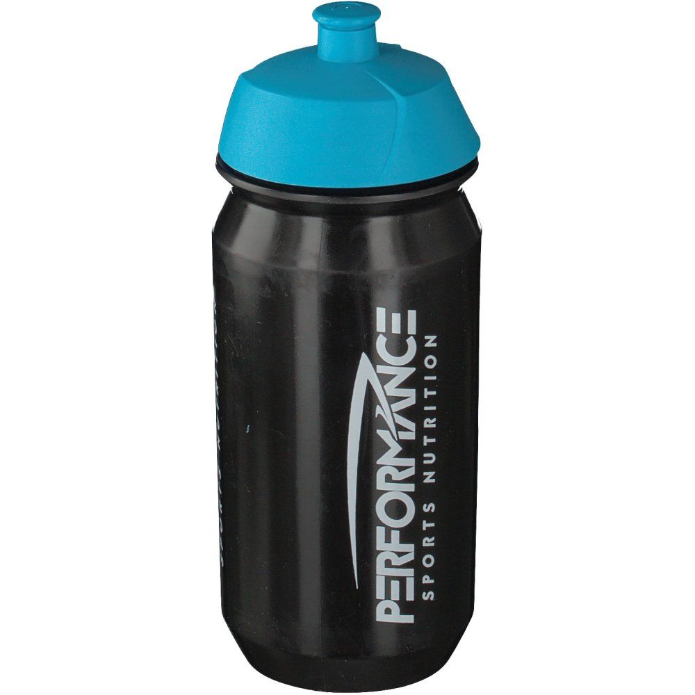 Borraccia nera con tappo blu. Scritta: PERFORMANCE SPORTS NUTRITION.