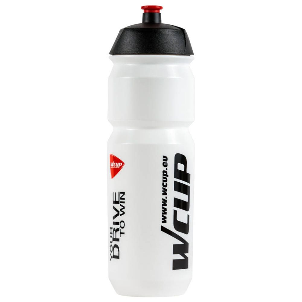 Borraccia bianca con tappo nero. Scritta: wcup.eu, wcup, YOUR DRIVE TO WIN.