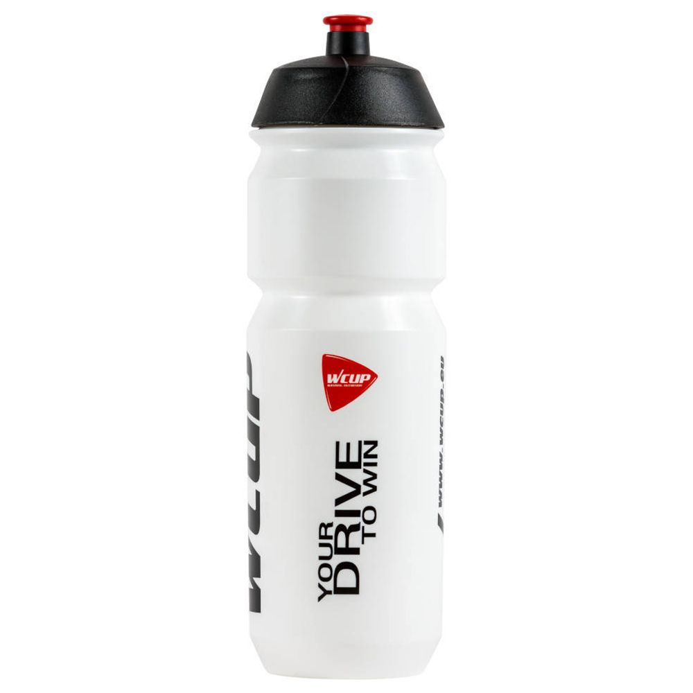Borraccia bianca con tappo nero. Scritta: wcup.eu, wcup, YOUR DRIVE TO WIN.