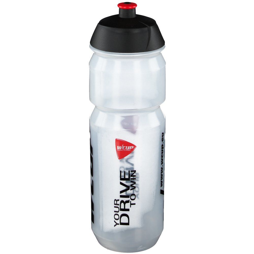 Borraccia trasparente con tappo nero. Scritta: wcup.eu, wcup, YOUR DRIVE TO WIN.