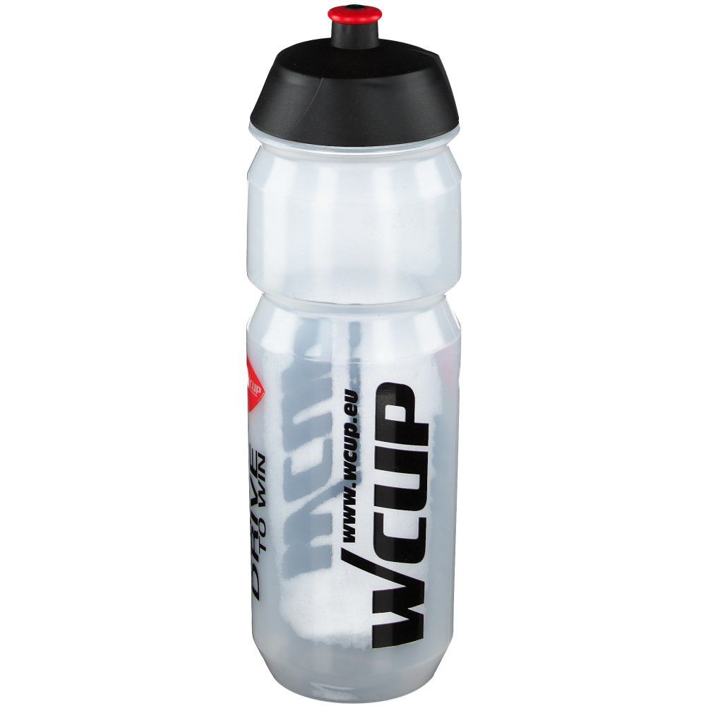 Borraccia trasparente con tappo nero. Scritta: wcup.eu, wcup, YOUR DRIVE TO WIN.