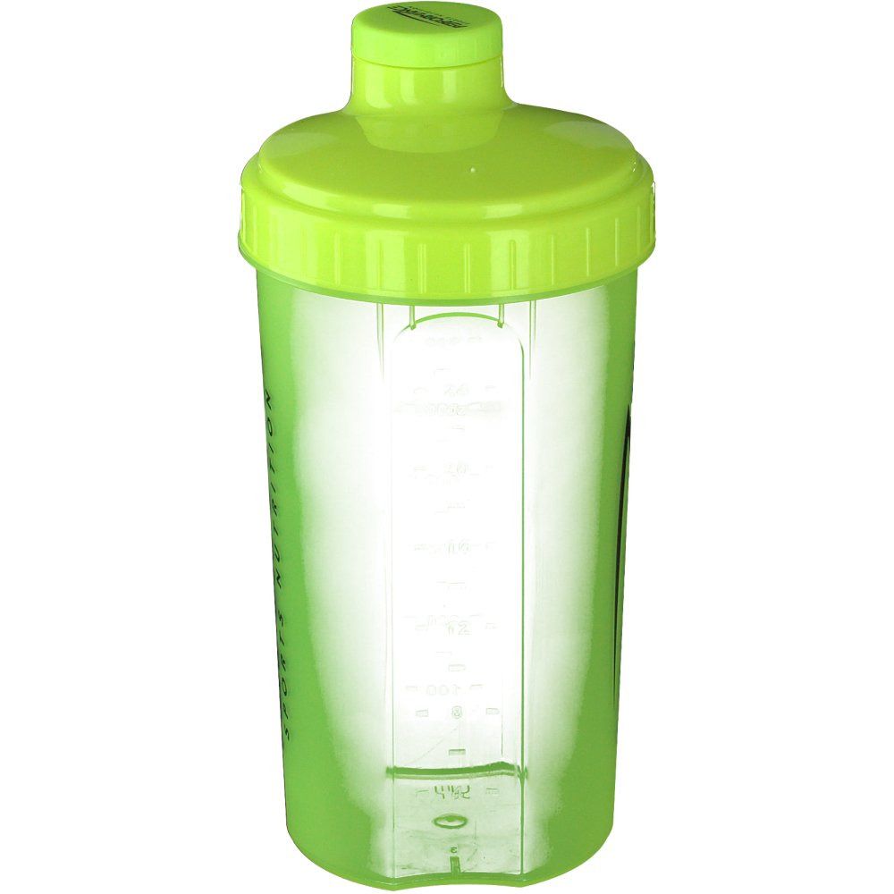 Shaker verde con coperchio. Scala graduata sul lato. Bicchiere trasparente.