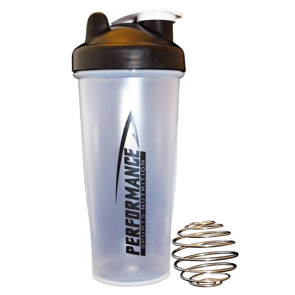 Shaker con coperchio nero e spirale argentata. Scritta: PERFORMANCE SPORTS NUTRITION.