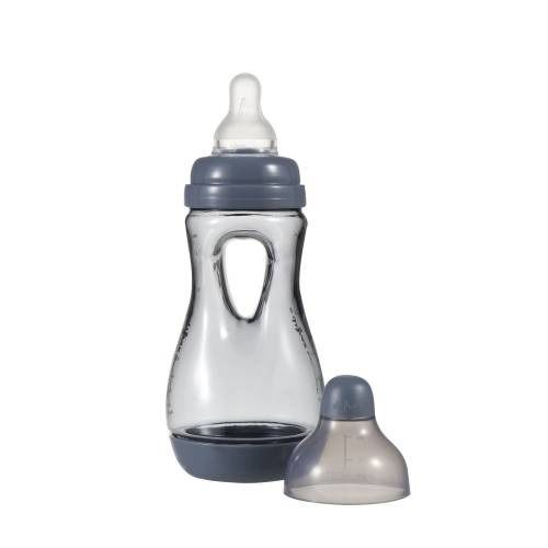 Biberon con impugnatura, grigio trasparente. Con tettarella e cappuccio. Design ergonomico.