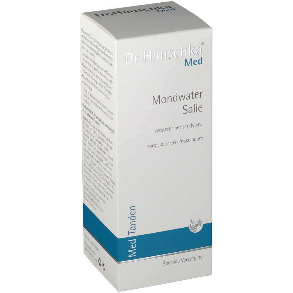 Confezione in cartone con nome e marchio del prodotto. Accenti blu. Testo: 'Mondwater Salie'.