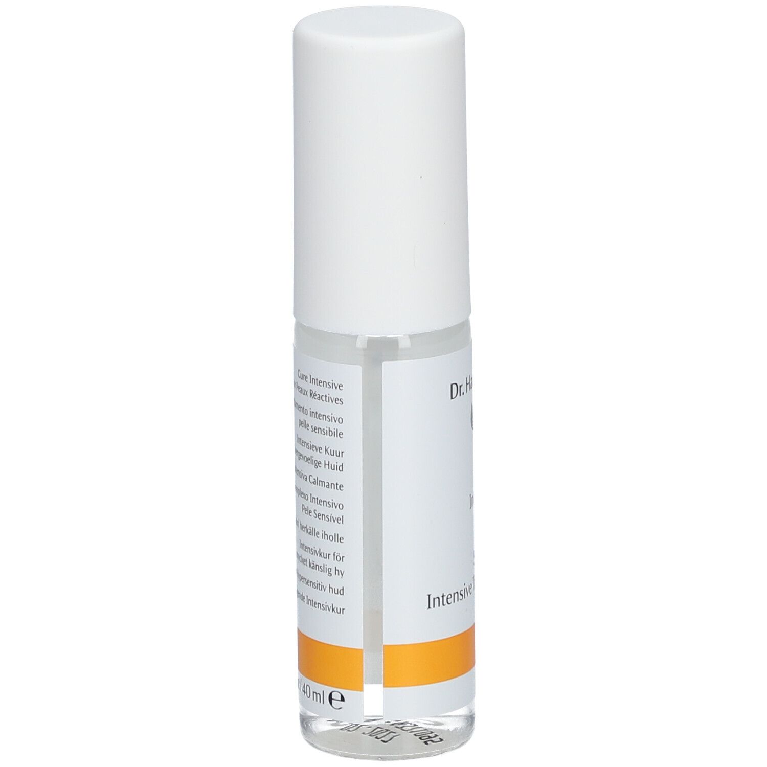 Contenitore trasparente con tappo bianco. Etichetta con testo e striscia arancione. Nome del prodotto non visibile.