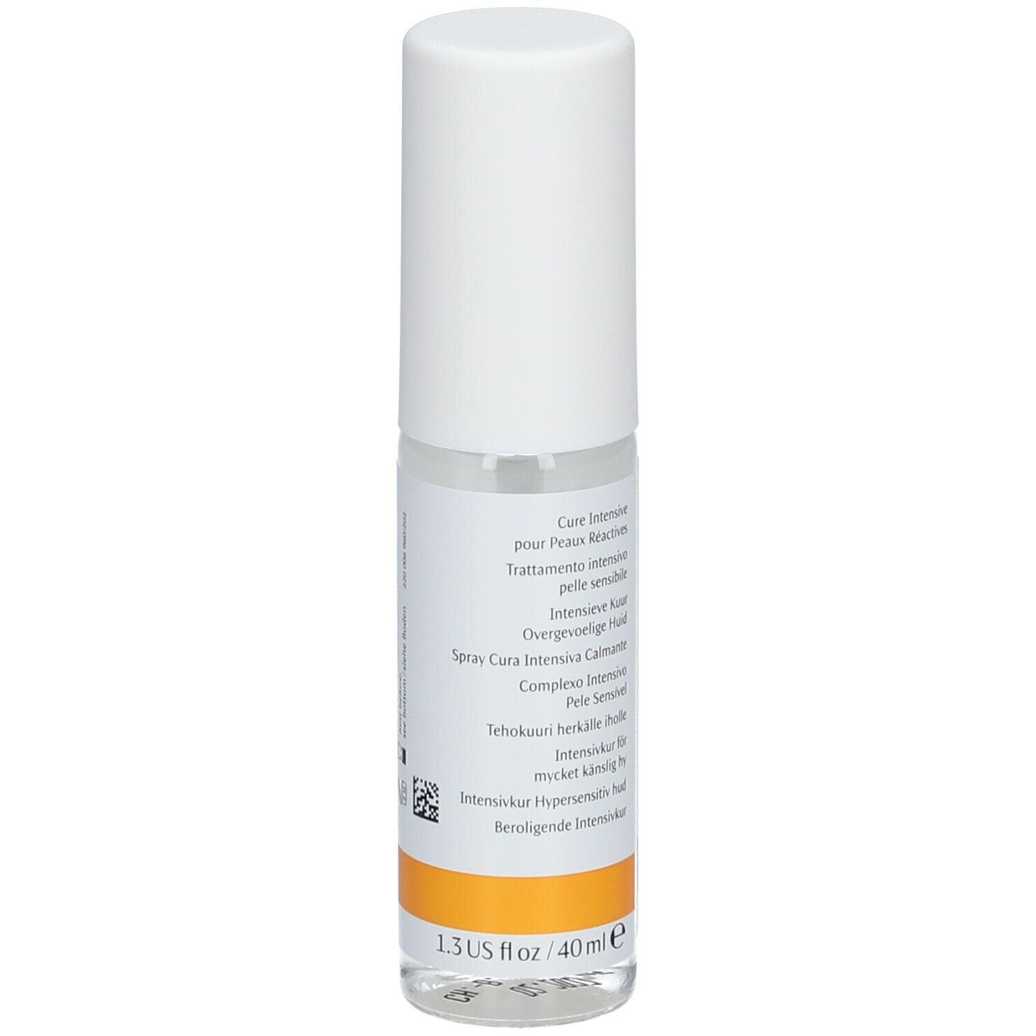 Flacone trasparente con tappo bianco. Etichetta con testo e striscia arancione. 1.3 US fl oz / 40 ml.