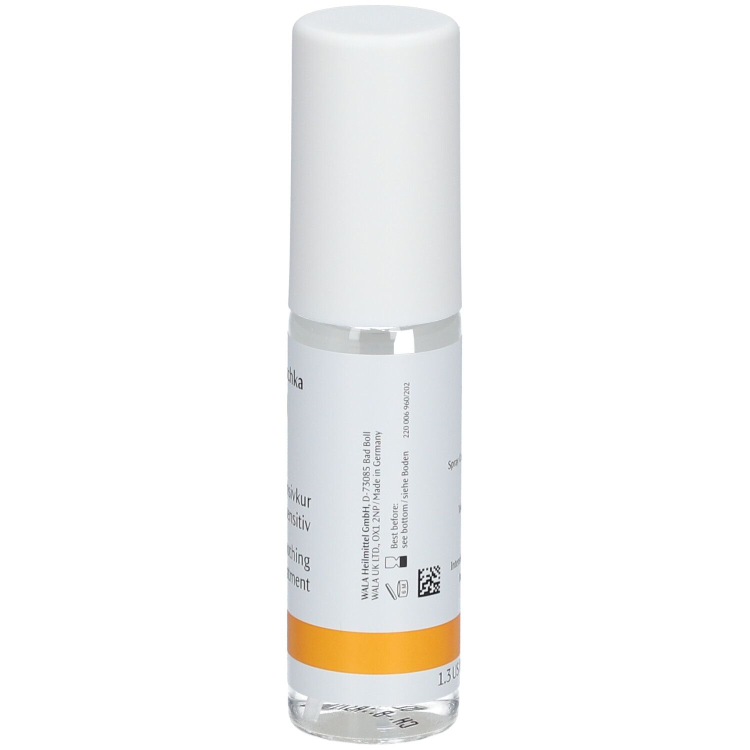 Flacone trasparente con tappo bianco. Etichetta con testo e striscia arancione. Informazioni sul produttore.