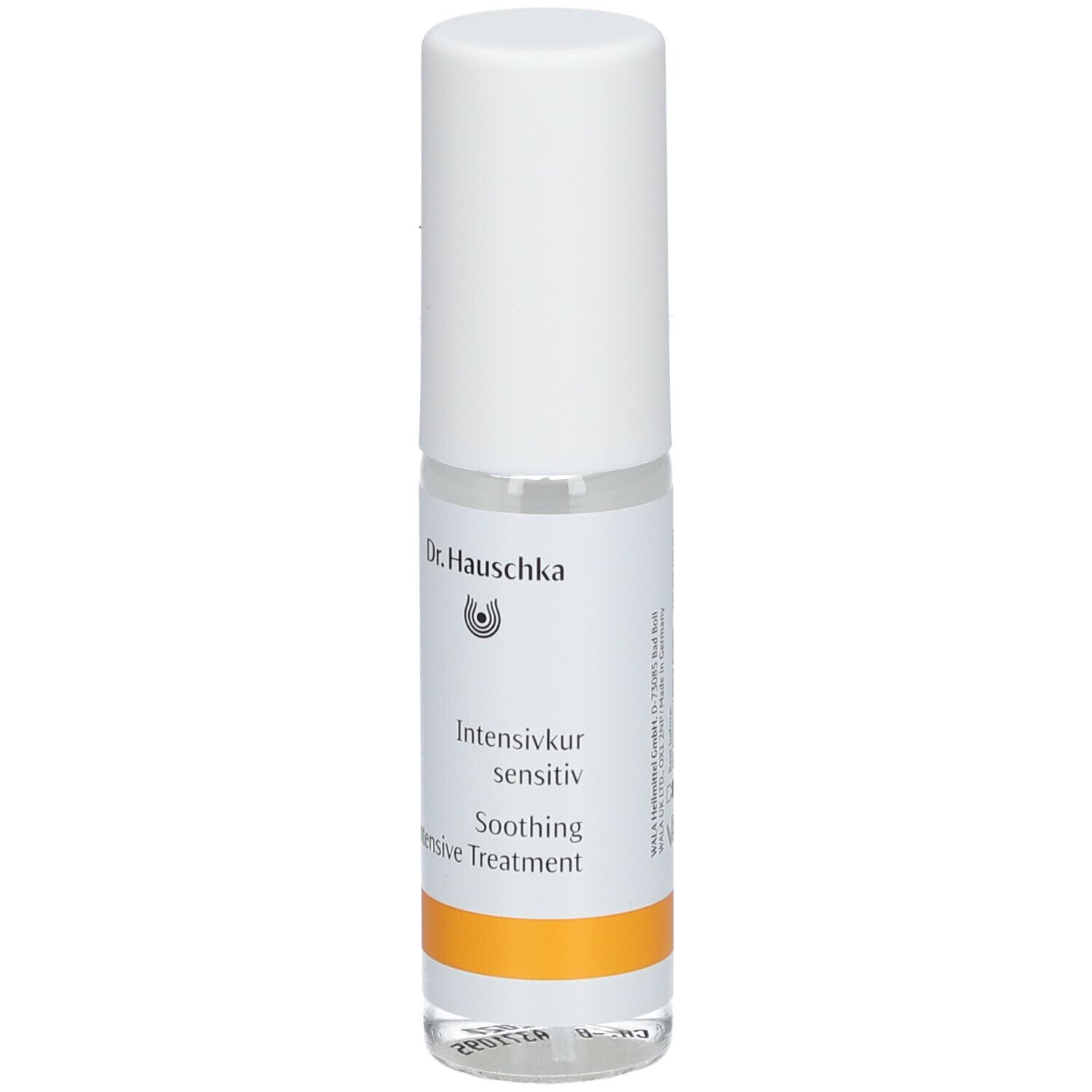 Flacone trasparente con tappo bianco. Etichetta con nome del prodotto e logo. Striscia arancione.