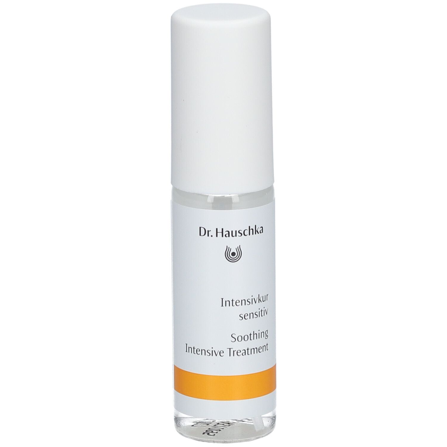 Flacone trasparente con tappo bianco. Etichetta con nome del prodotto e logo. Striscia arancione.