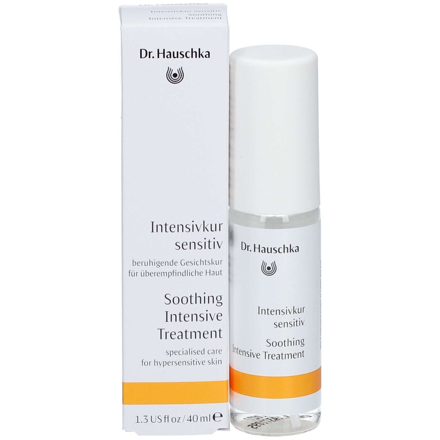 Flacone e confezione del prodotto. Flacone con tappo bianco ed etichetta. Confezione con testo e logo.