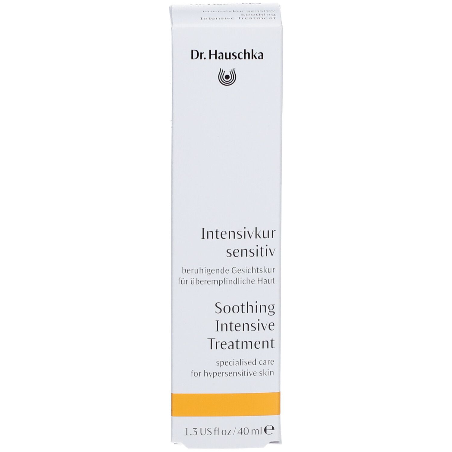 Confezione bianca con nome del prodotto e logo. Striscia arancione in basso. Testo.