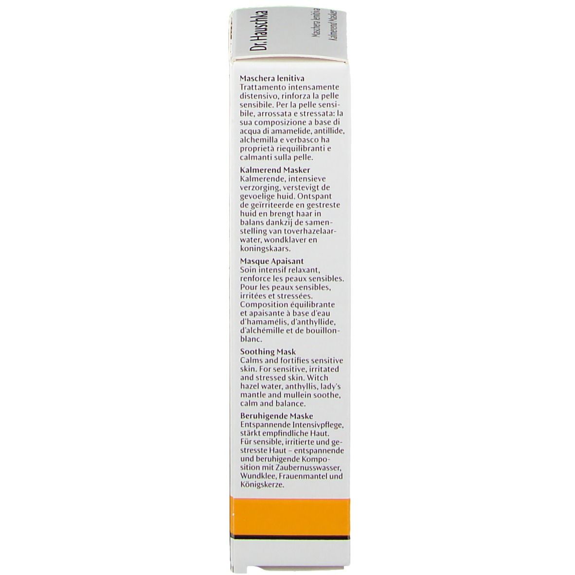 Confezione Maschera Lenitiva Dr. Hauschka con descrizione prodotto multilingue.
