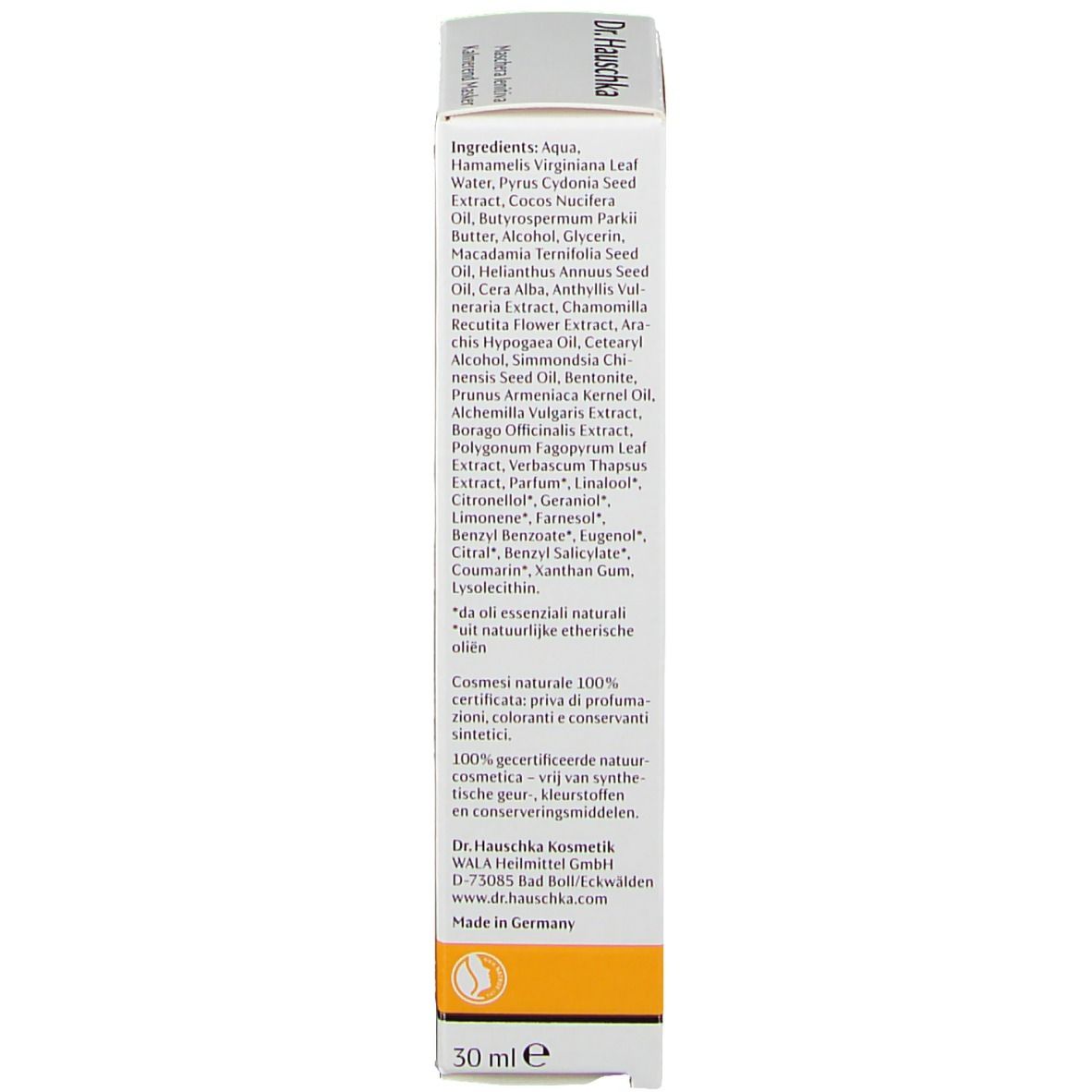 Vista laterale di una confezione cosmetica Dr. Hauschka con elenco ingredienti e indicazione 30 ml.