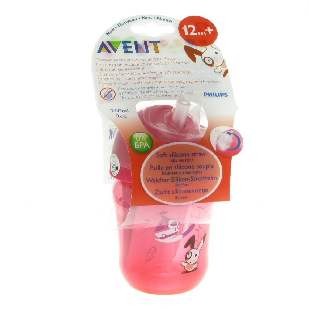Avent Mug Anti-Leak + Straw 12m Pink