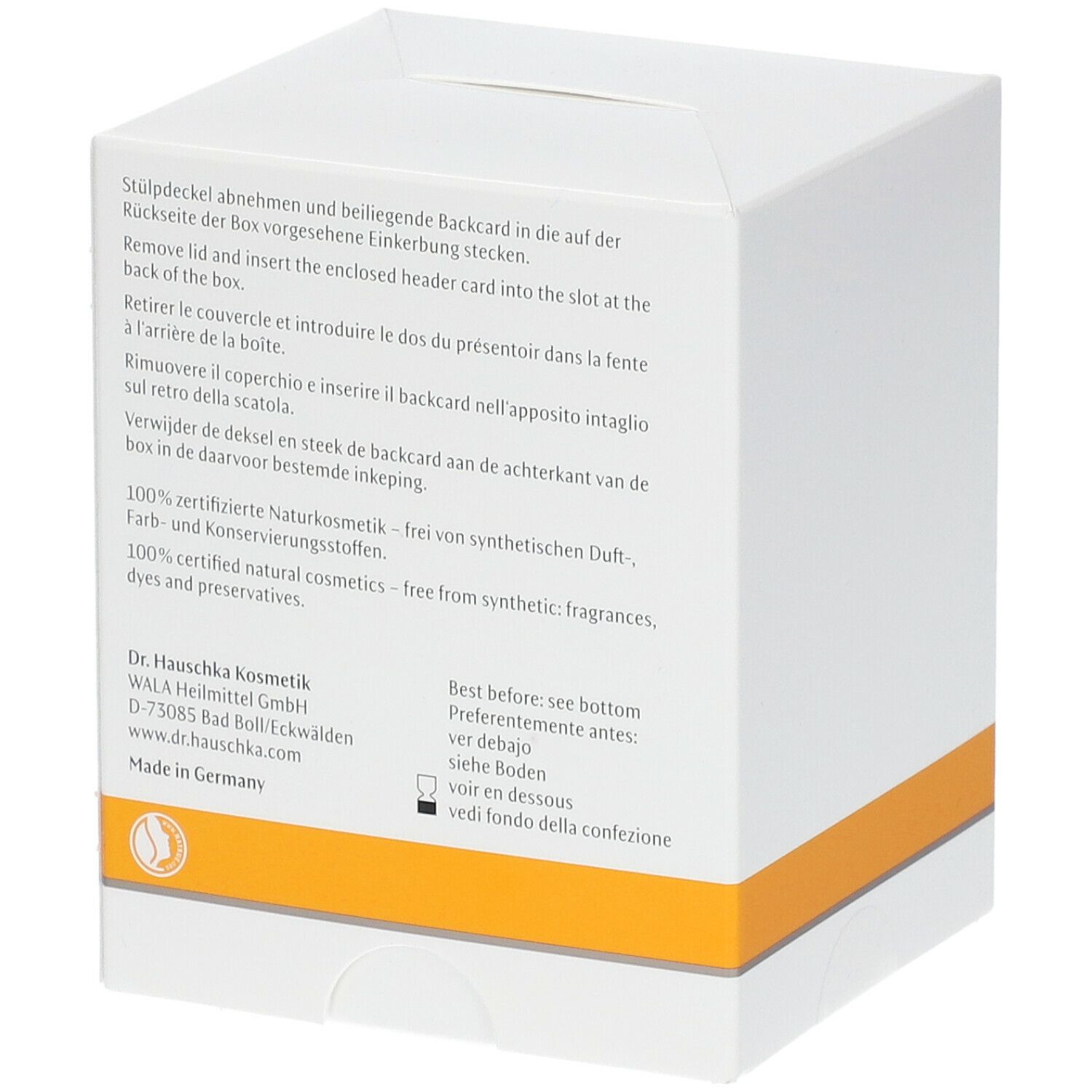 Retro della confezione in cartone bianco. Testo multilingue. Scritta: 100% cosmetici naturali certificati.