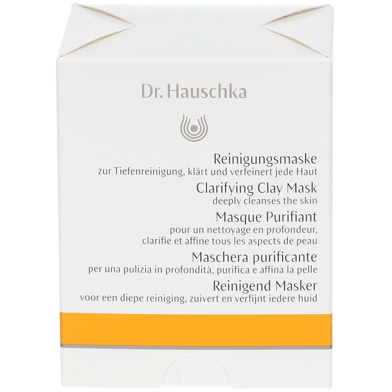 Confezione in cartone bianca con fascia gialla. Scritta: Dr. Hauschka, Maschera purificante, Clarifying Clay Mask.