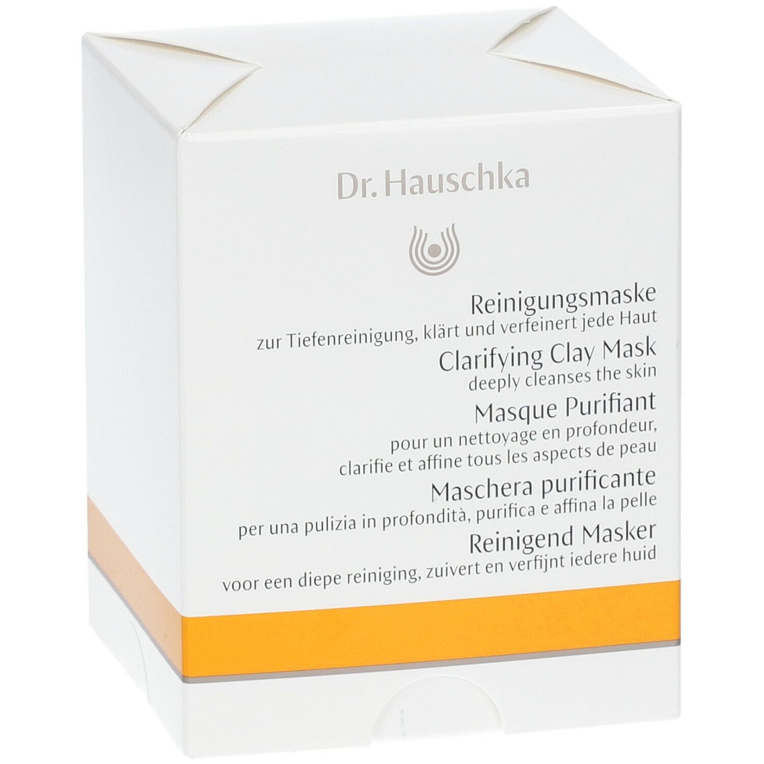 Confezione in cartone bianca con fascia gialla. Scritta: Dr. Hauschka, Maschera purificante, Clarifying Clay Mask.