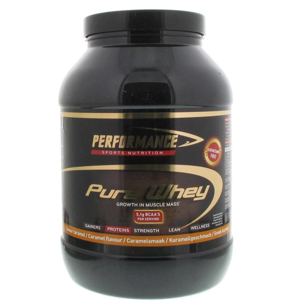 Barattolo nero "Performance Pure Whey". Scritta dorata. Contiene 5,1g BCAA. Gusti: Caramello, gusto caramello.