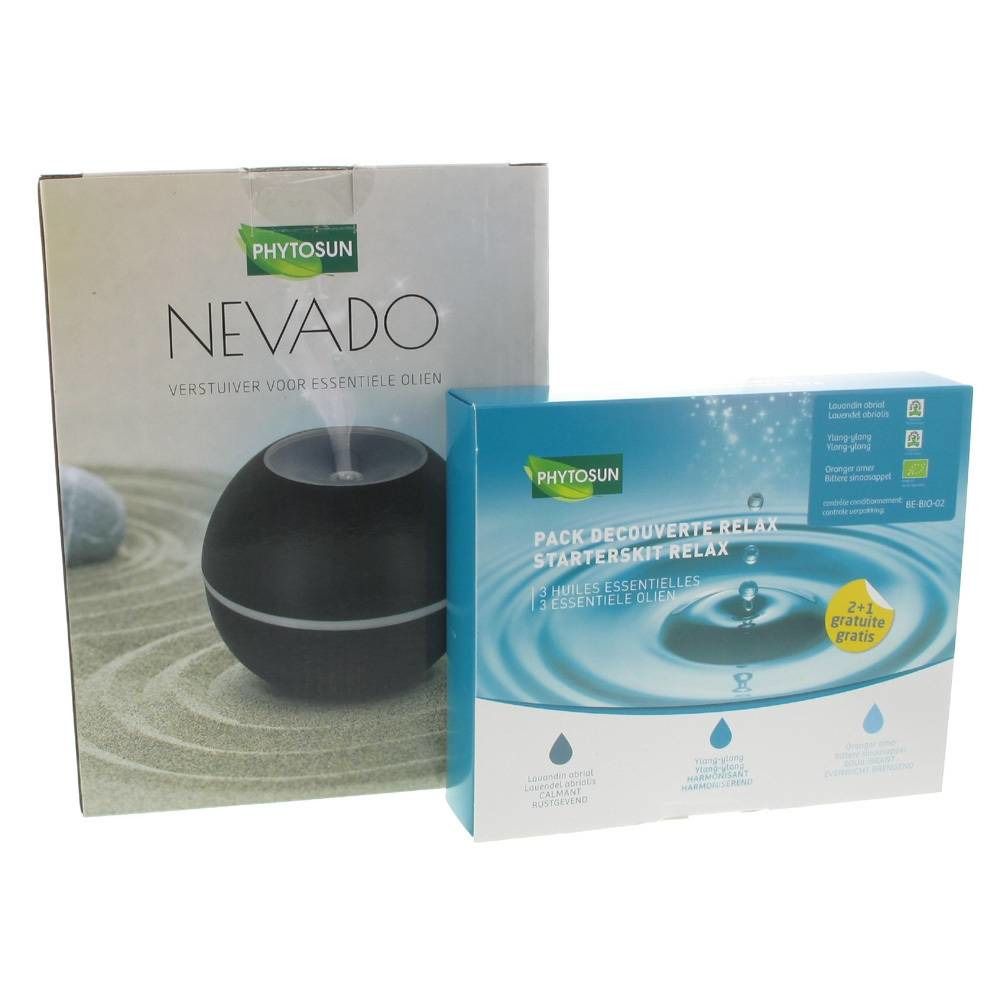 Due confezioni di prodotti. Una scatola con "NEVADO" e una scatola blu con "PACK DECOUVERTE RELAX". Entrambe con il logo "PHYTOSUN".