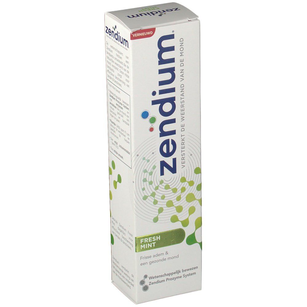 Confezione di dentifricio Zendium Fresh Mint. Bianca, con design verde e blu. Testo: 'Zendium', 'Fresh Mint'.