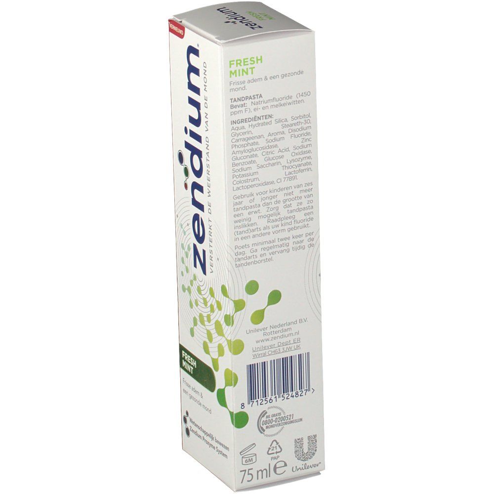 Confezione di dentifricio Zendium Fresh Mint. Bianca, con design verde e blu. Testo: 'Zendium', 'Fresh Mint', 75ml.