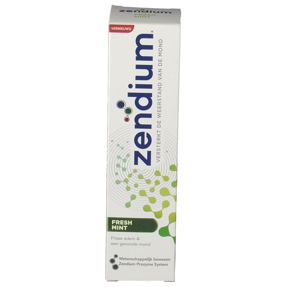 Confezione di dentifricio Zendium Fresh Mint. Bianca, con design verde e blu. Testo: 'Zendium', 'Fresh Mint'.
