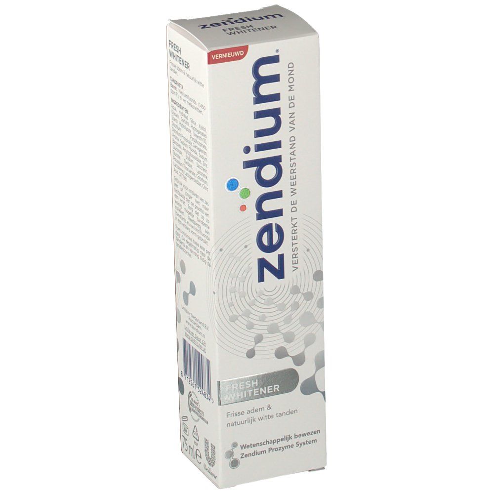 Confezione di dentifricio Zendium Fresh Whitener. Scatola bianca con nome e caratteristiche del prodotto. Scritte visibili: 'Fresh Whitener', 'Frisse adem & natuurlijk witte tanden'.