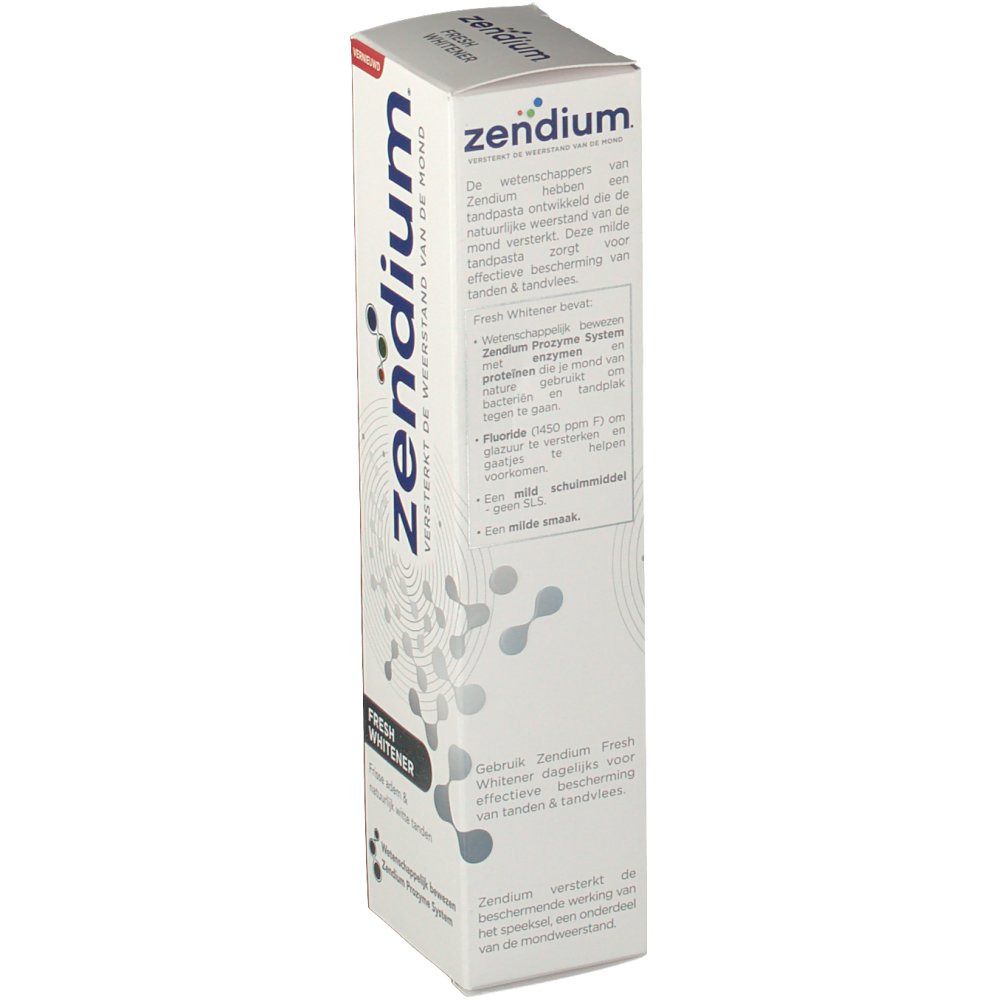 Confezione di dentifricio Zendium Fresh Whitener. Scatola bianca con informazioni sul prodotto. Scritte visibili: 'Fresh Whitener', 'Zendium Prozyme System'.