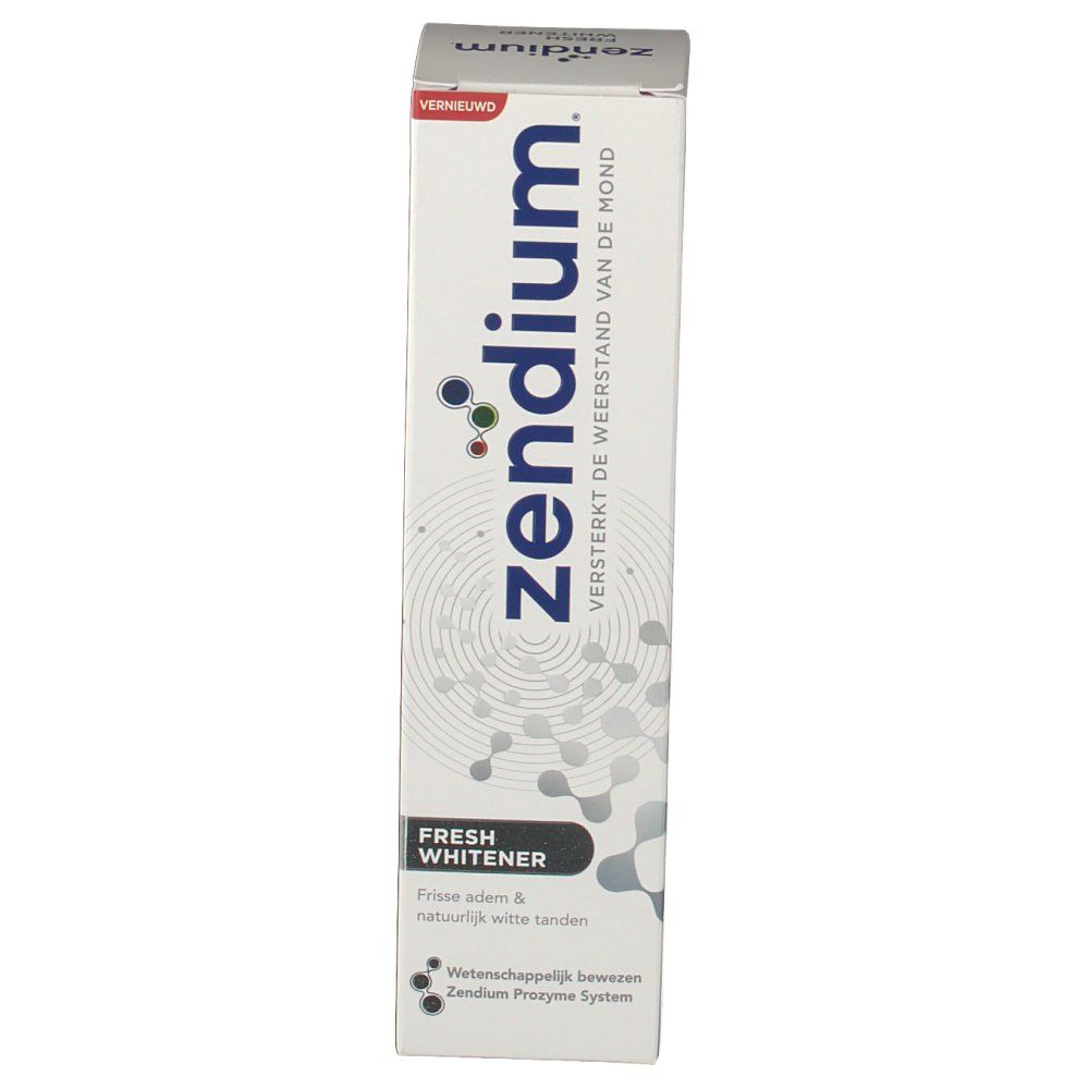 Confezione di dentifricio Zendium Fresh Whitener. Scatola bianca con nome e caratteristiche del prodotto. Scritte visibili: 'Fresh Whitener', 'Frisse adem & natuurlijk witte tanden'.