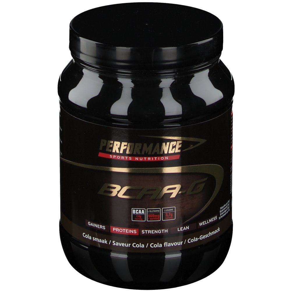 Barattolo nero con etichetta dorata. Scritta: Performance BCAA-G. Gusto cola.