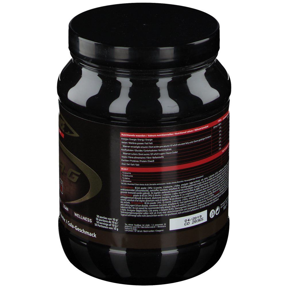 Barattolo nero, retro. Etichetta con informazioni nutrizionali e testo. Gusto cola.