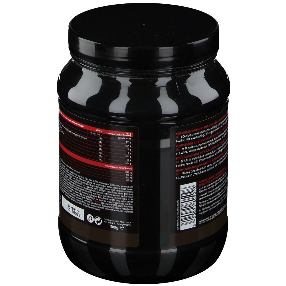 Barattolo nero, retro. Etichetta con informazioni nutrizionali e testo. Gusto cola.