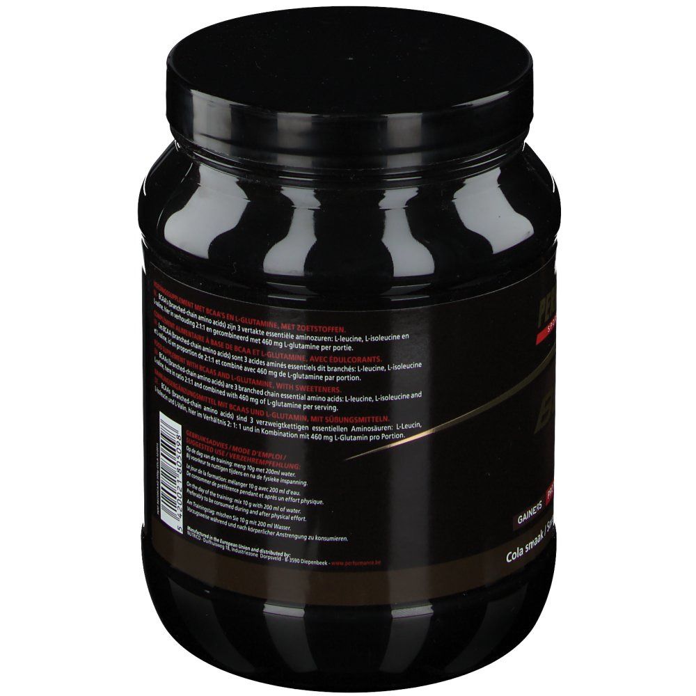 Barattolo nero, retro. Etichetta con testo e informazioni nutrizionali. Gusto cola.