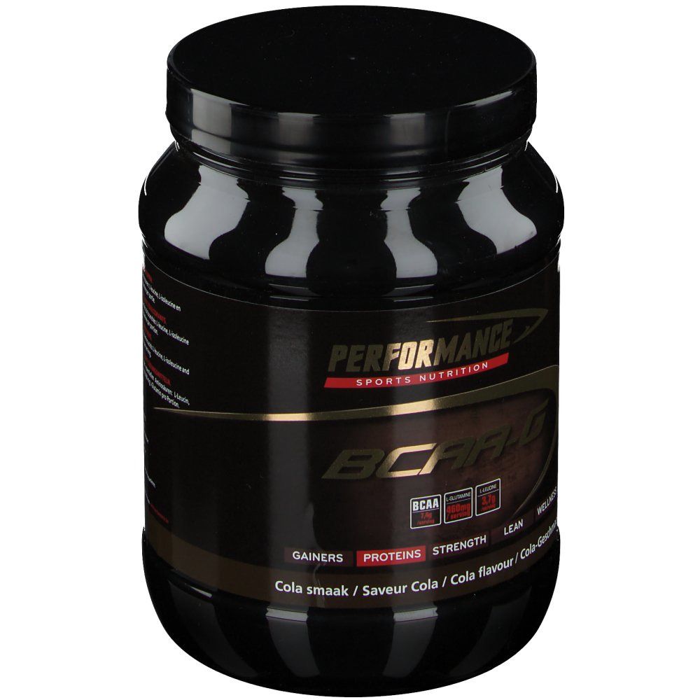 Barattolo nero con etichetta dorata. Scritta: Performance BCAA-G. Gusto cola.