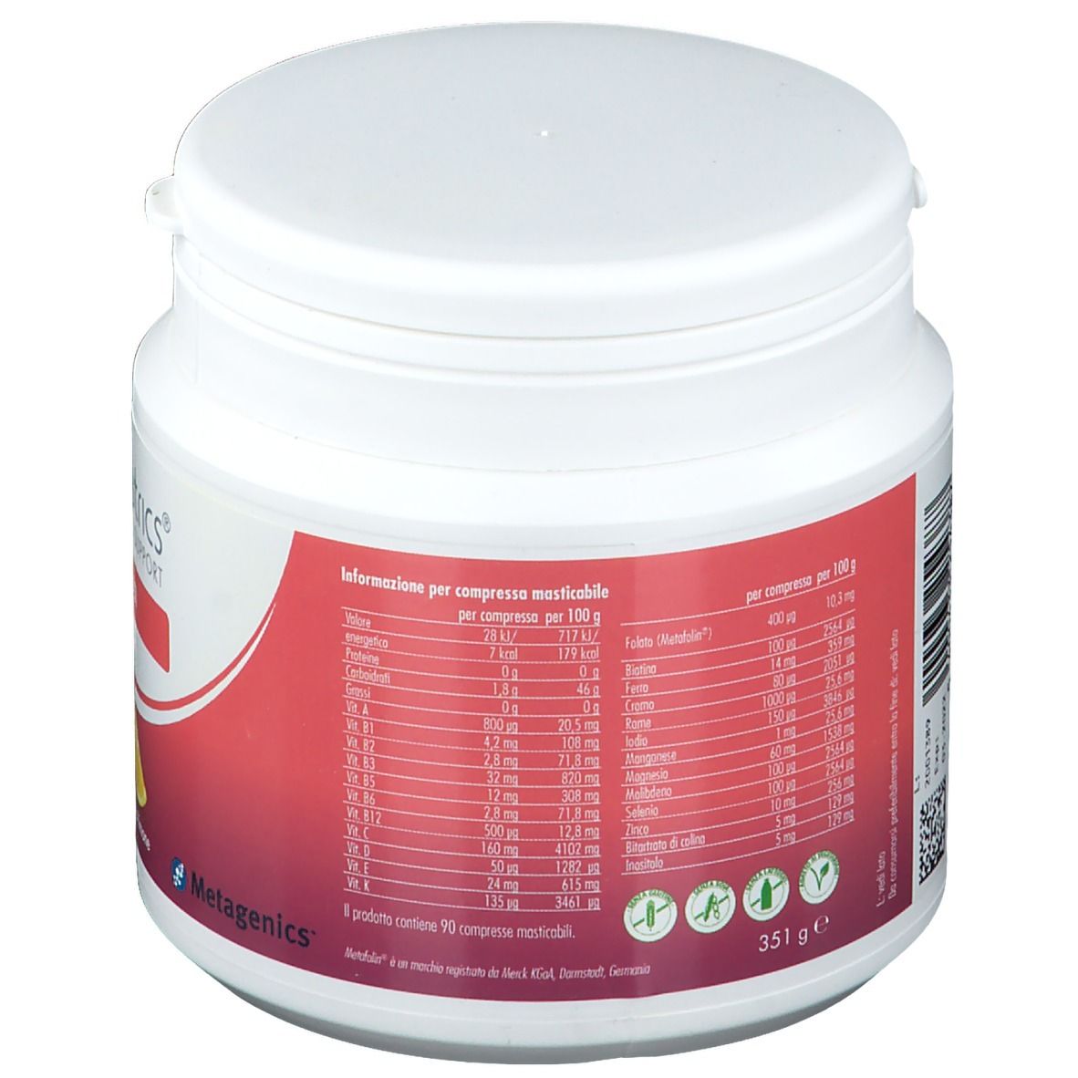 Barattolo bianco con etichetta rossa. Informazioni nutrizionali per 100g. 351g. Logo Metagenics. Informazioni per compresse masticabili.
