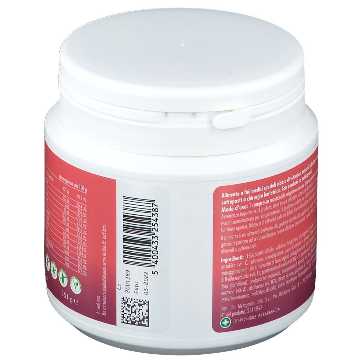 Barattolo bianco con etichetta rossa. Codice a barre e data di scadenza. 351g. Logo Metagenics. Informazioni per compresse masticabili.