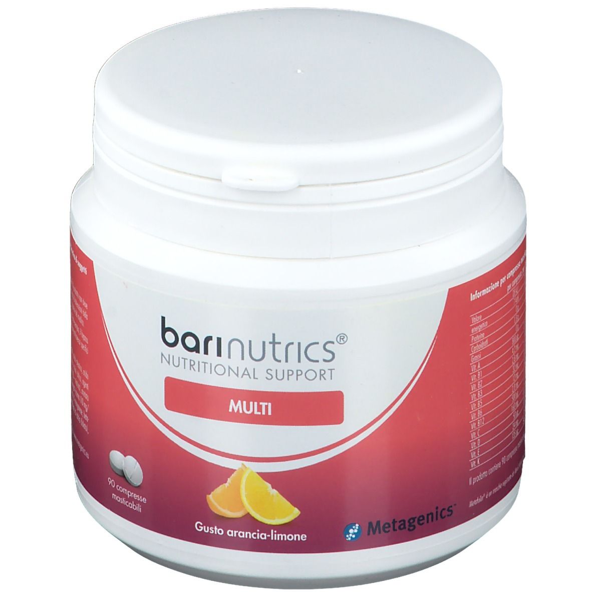 Barattolo bianco con etichetta rossa. Scritta: barinutrics, Nutritional Support, Multi. Gusto: Arancia-Limone. 90 compresse masticabili.