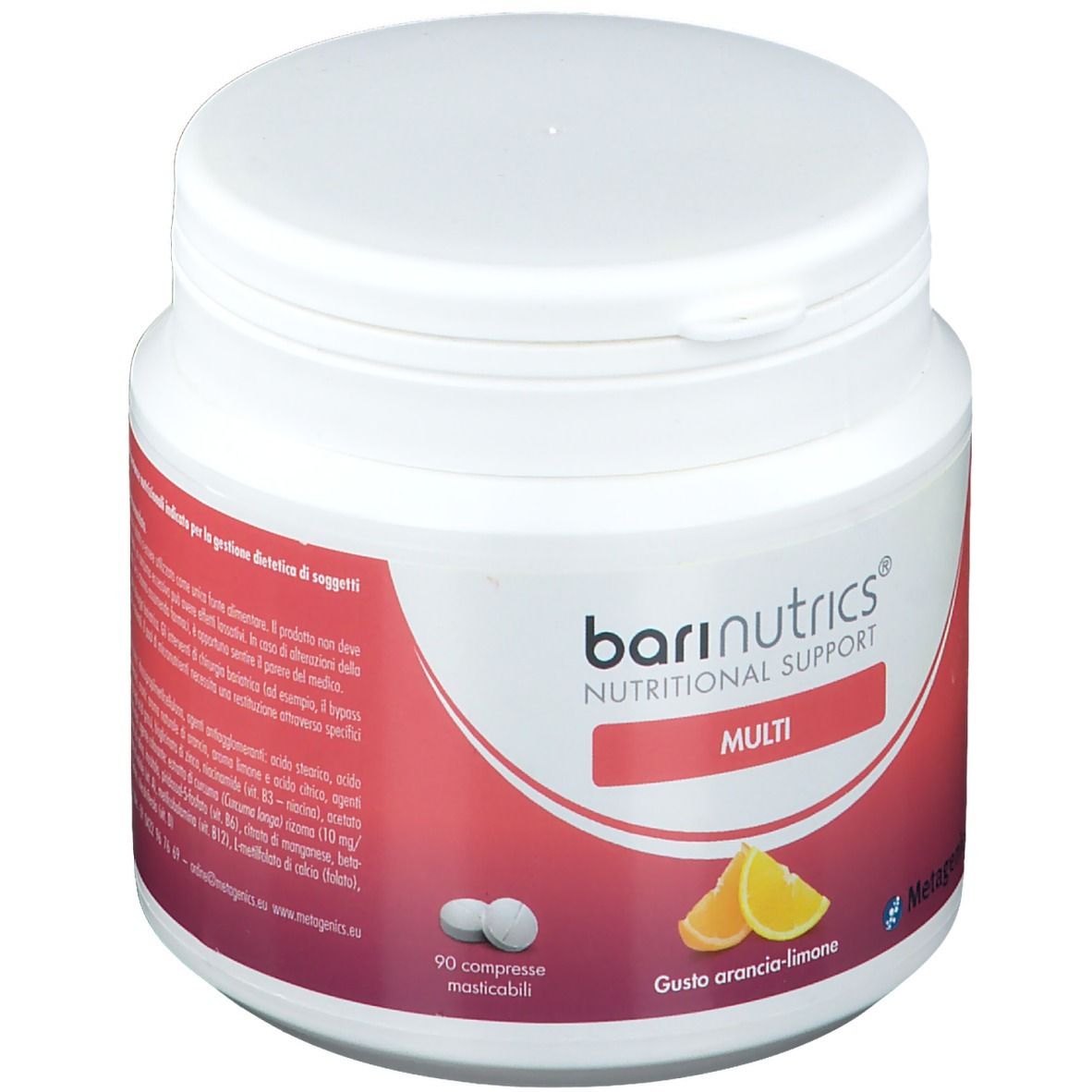 Barattolo bianco con etichetta rossa. Scritta: barinutrics, Nutritional Support, Multi. Gusto: Arancia-Limone. 90 compresse masticabili.