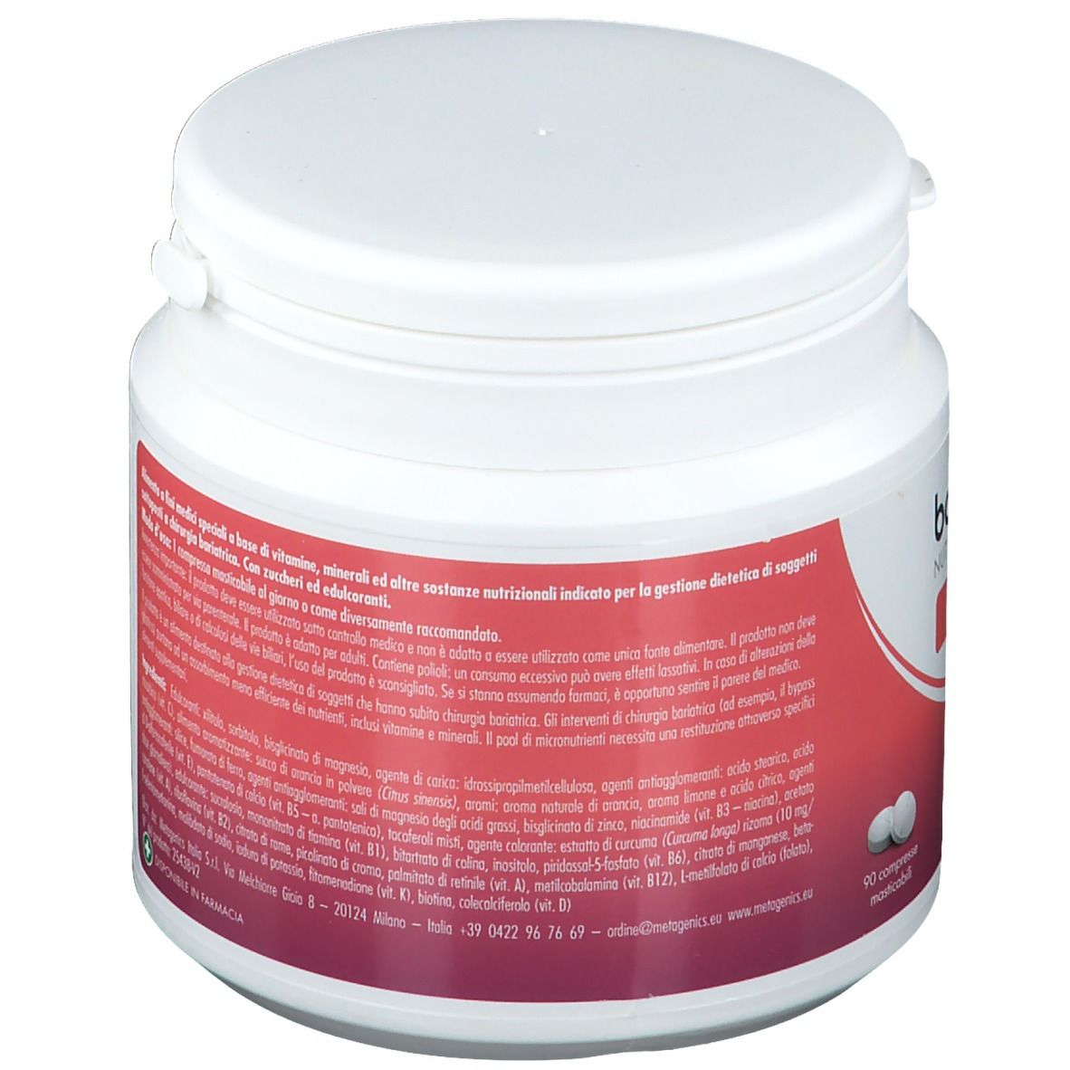 Barattolo bianco con etichetta rossa. 90 compresse masticabili. Informazioni per compresse masticabili. Logo Metagenics. Ingredienti.
